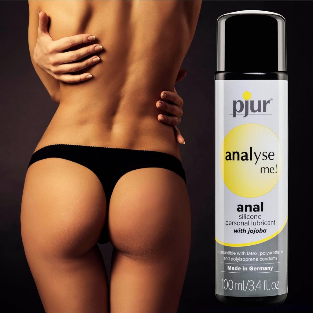 Woman's butt in a thong next to a bottle of pjur anal lubricant.