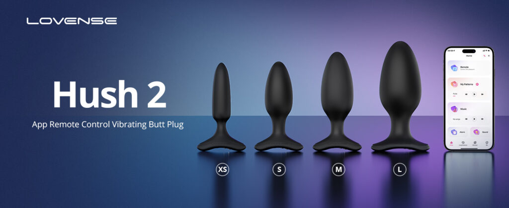 Display of four sizes of Lovense Hush 2 butt plugs.