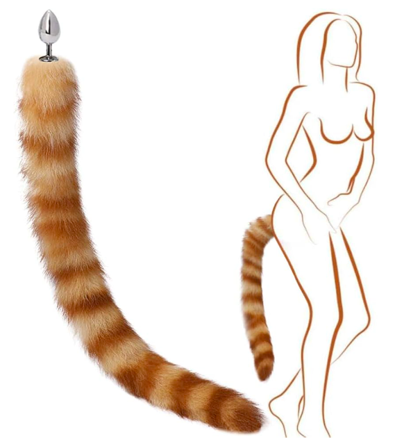 Photo of a cat tail butt plug with an illustrated woman wearing it.