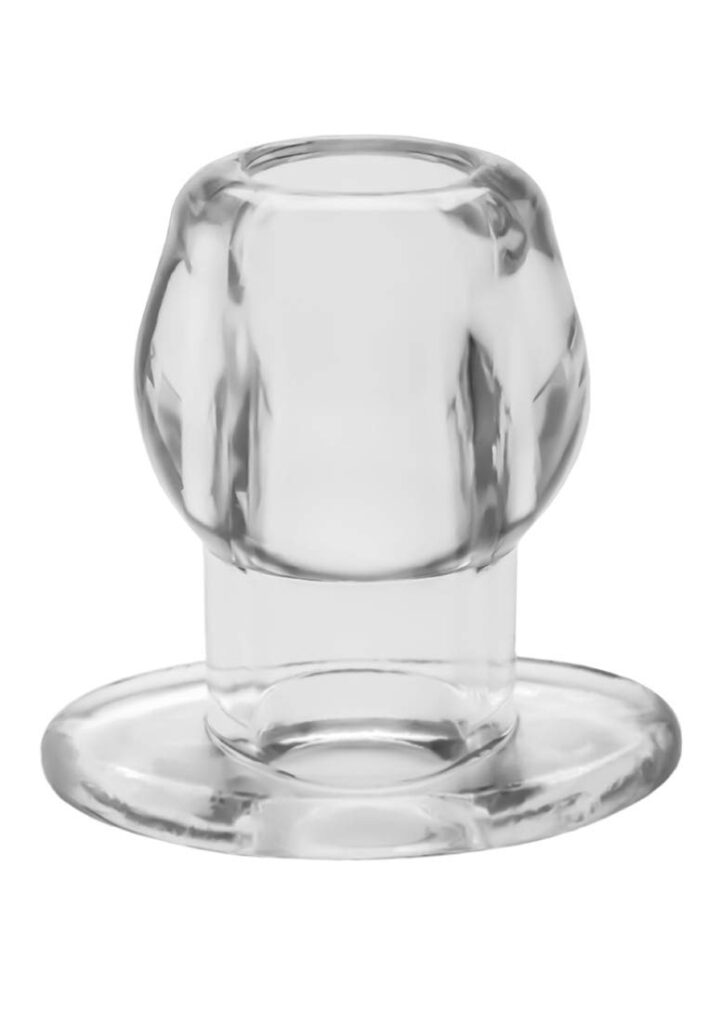 Picture of a clear, hollow, butt plug on a white background.