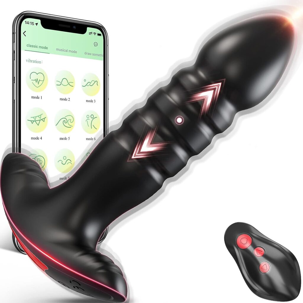 Thrusting butt plug with remote control and phone app shown.