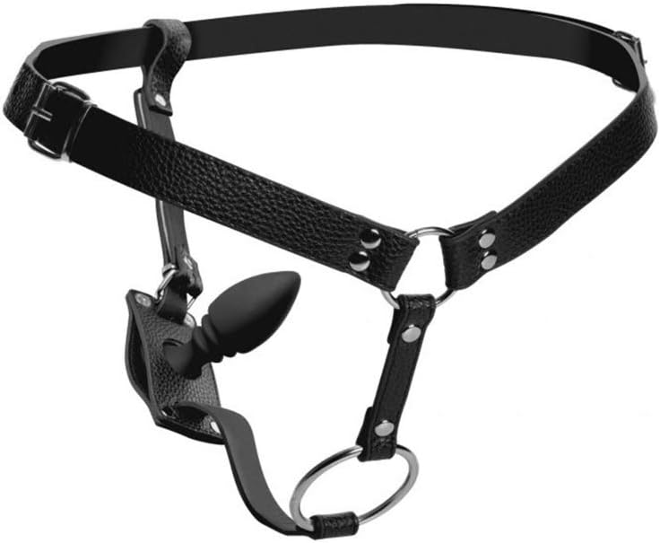 Black butt plug harness against a white background.