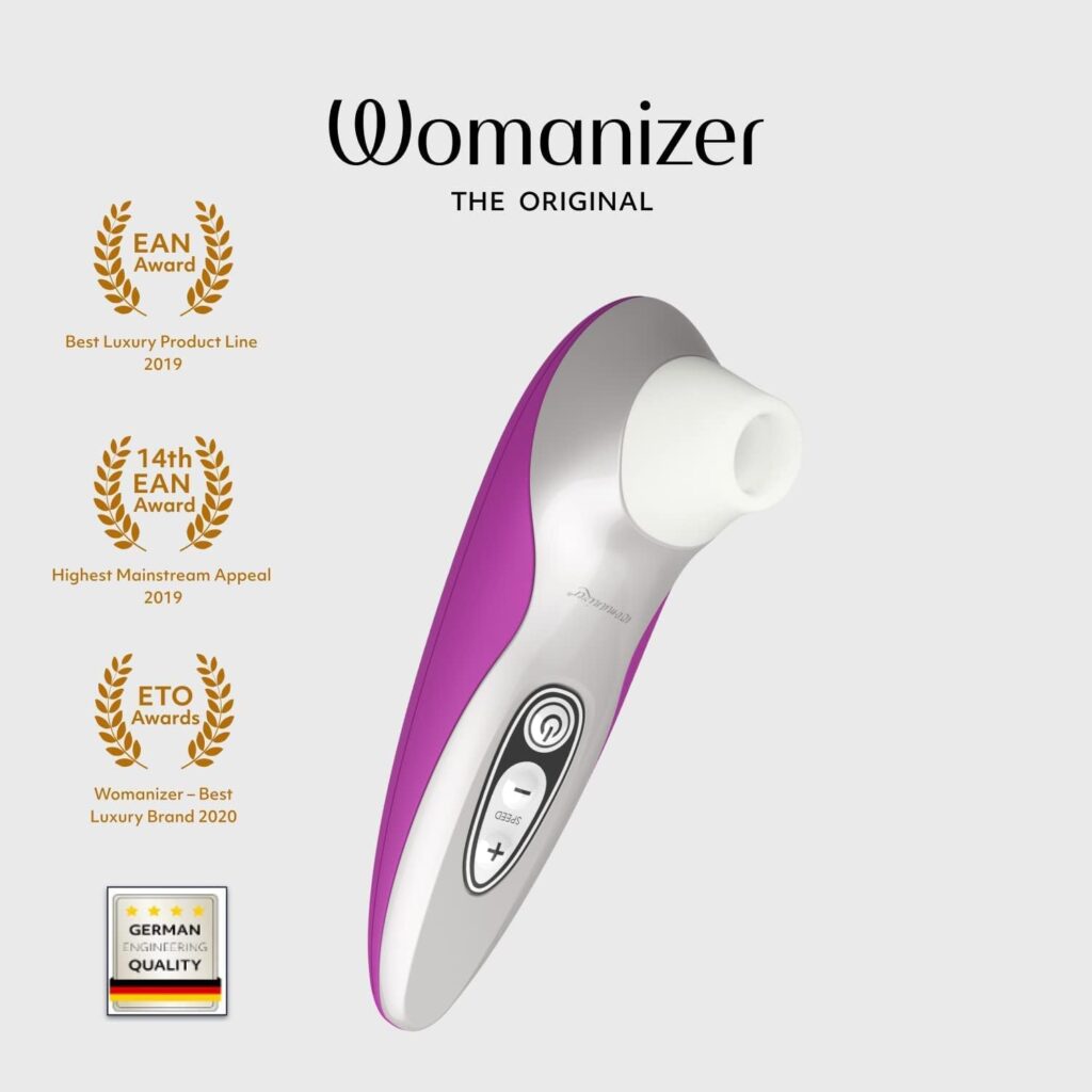 Magenta Womanizer sucking clitoral vibrator with awards.