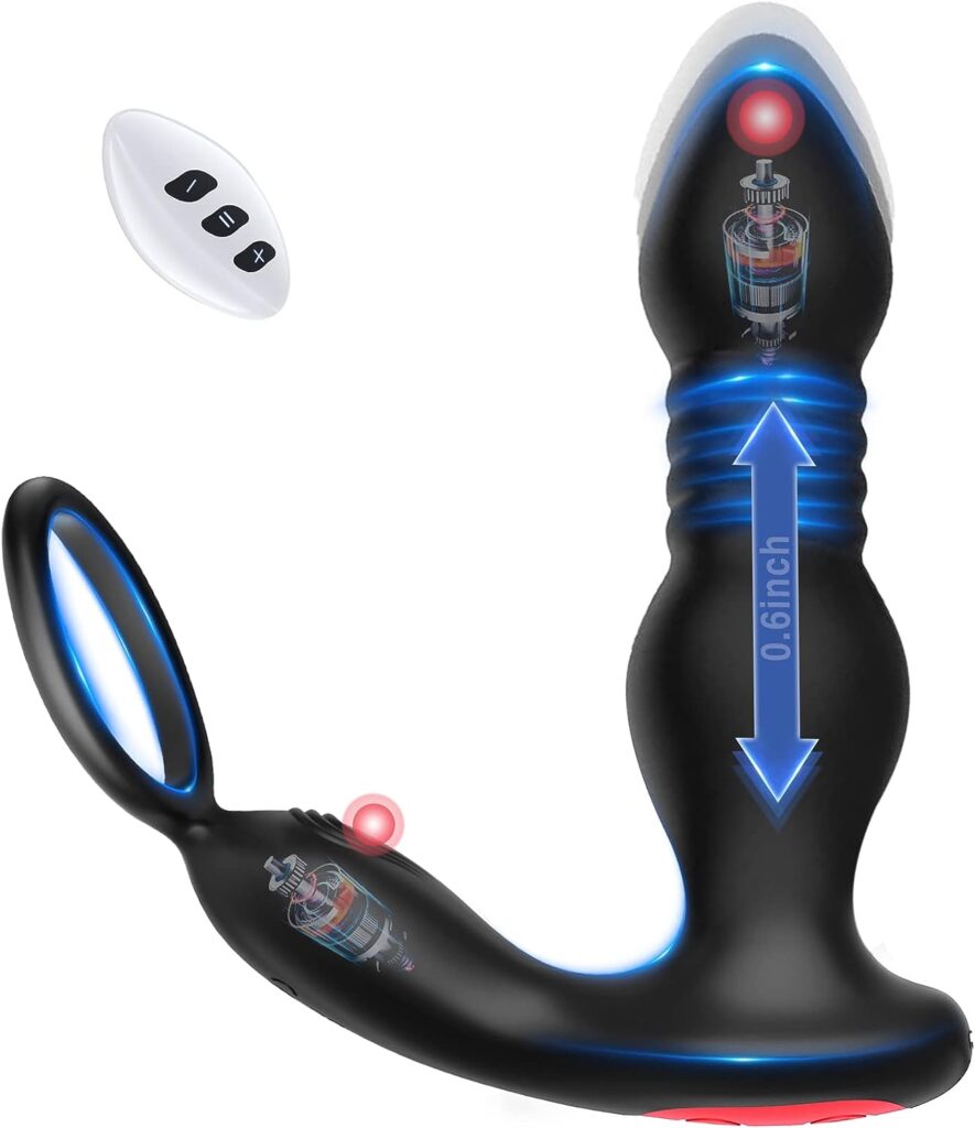 Prostate massager with cock ring and it's wireless remote. Photographed against a white background.
