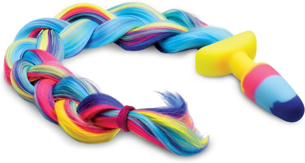 Rainbow-colored butt plug with a braided rainbow tail. Item is pictured against a white background.