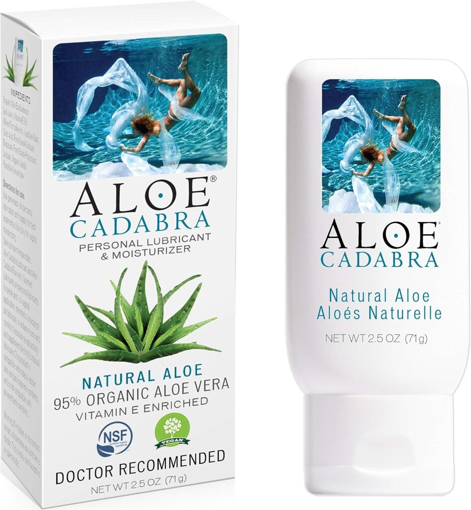 Tube of organic personal lubricant with a picture of an aloe plant and a beautiful woman swimming.