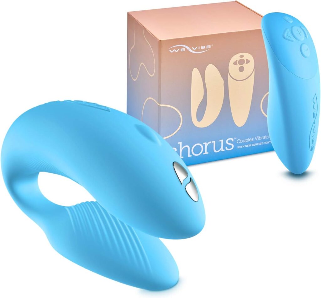Light blue couples vibrator pictured with box against a white background.