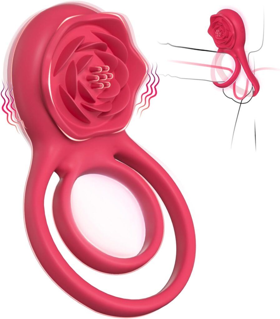 Cock ring with rose vibrator. Color is red.