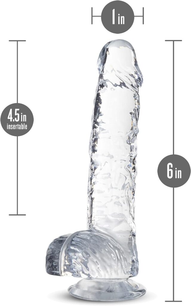 Clear slim anal dildo with dimensions against a white background.